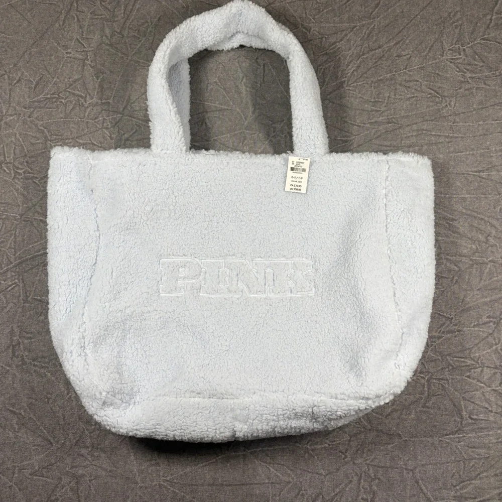 PINK Tote Bag Women One Size Blue Sherpa Fleece Logo Teddy Zip Shoulder Bag